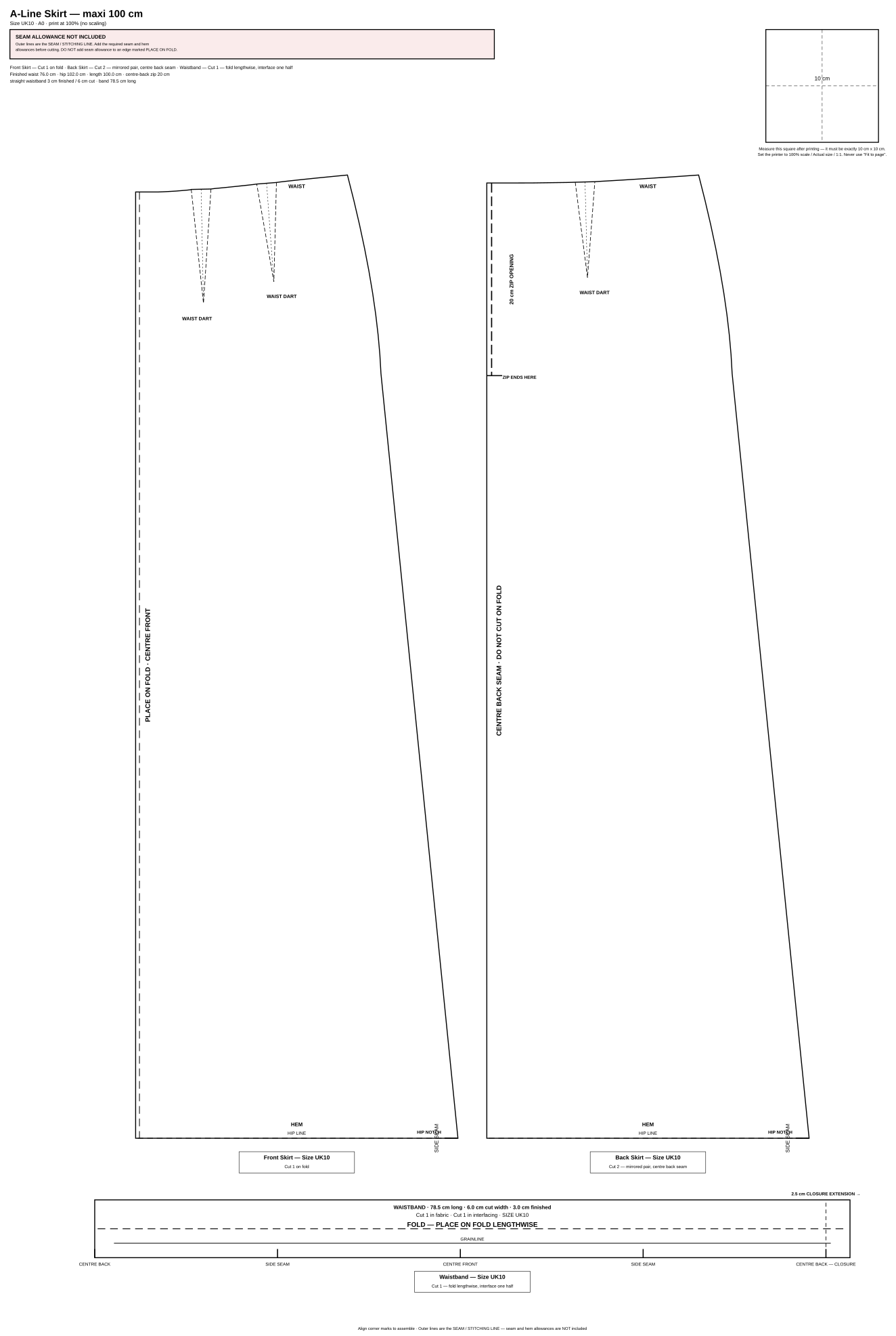 Real NotchGrain A-line maxi skirt pattern sheet from the frozen V1 pattern engine, with darts, notches, grainlines and fold markings