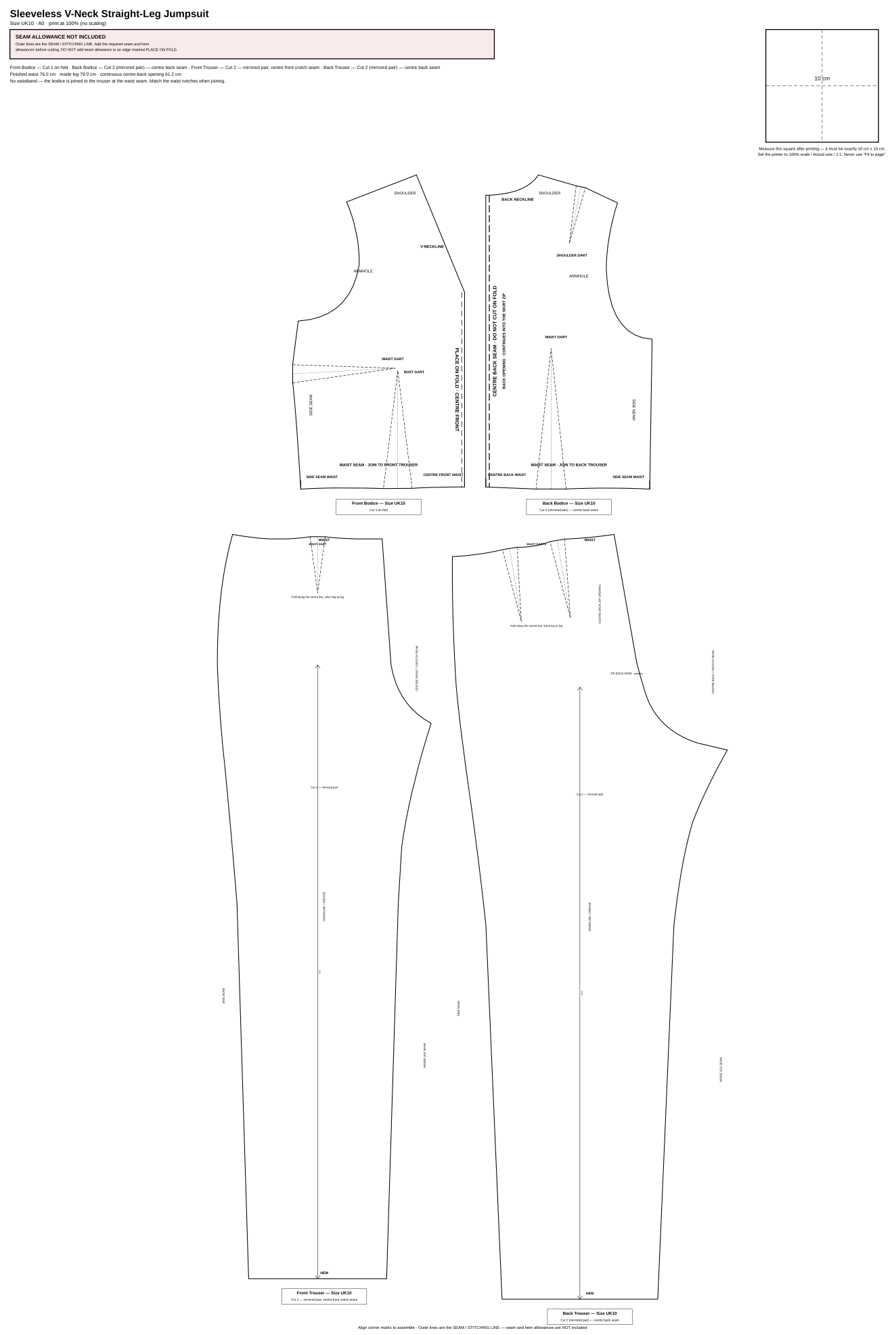 Real NotchGrain Jumpsuit pattern sheet from the frozen V1 pattern engine, with darts, notches, grainlines and fold markings