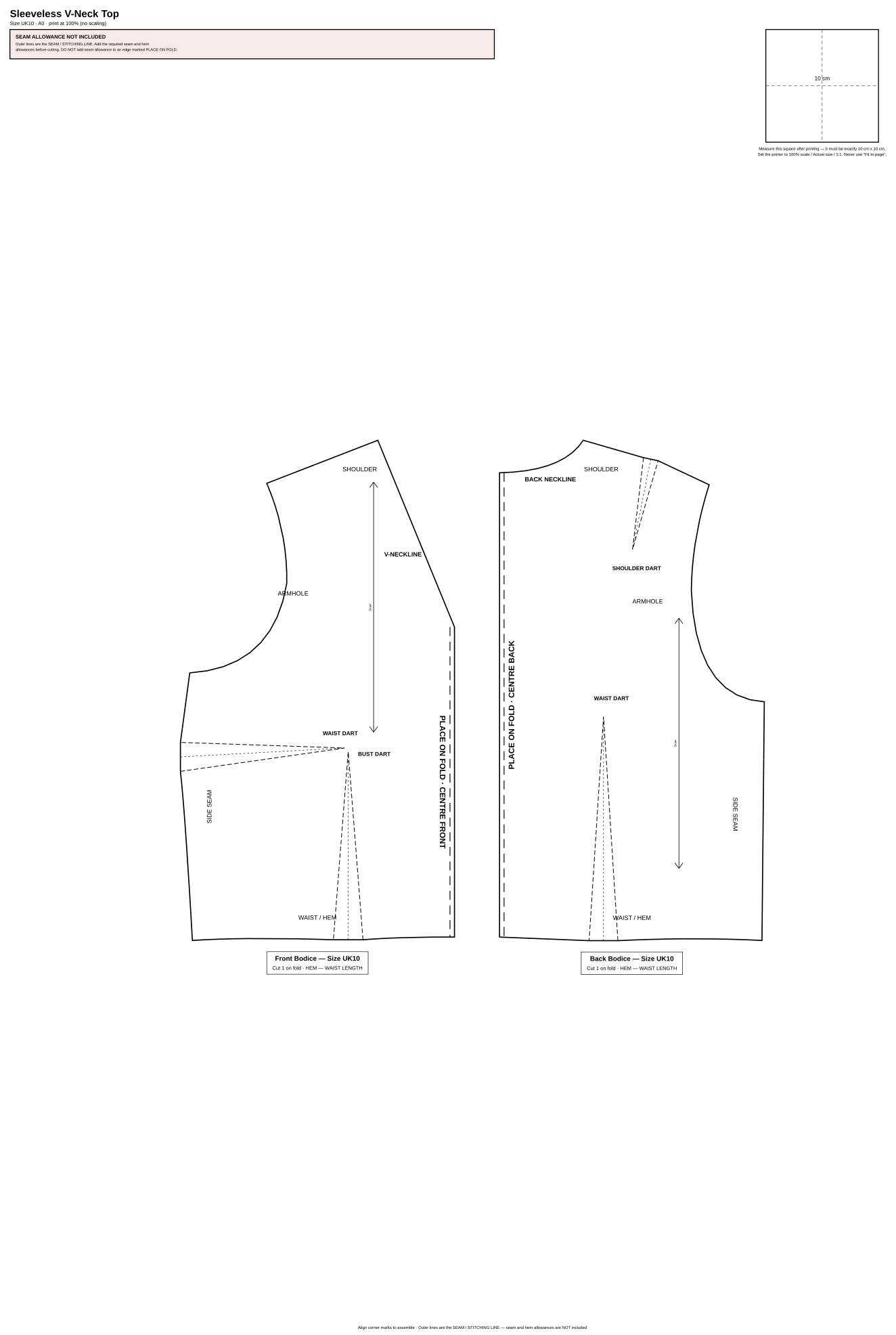 Real NotchGrain Sleeveless V-neck top pattern sheet from the frozen V1 pattern engine